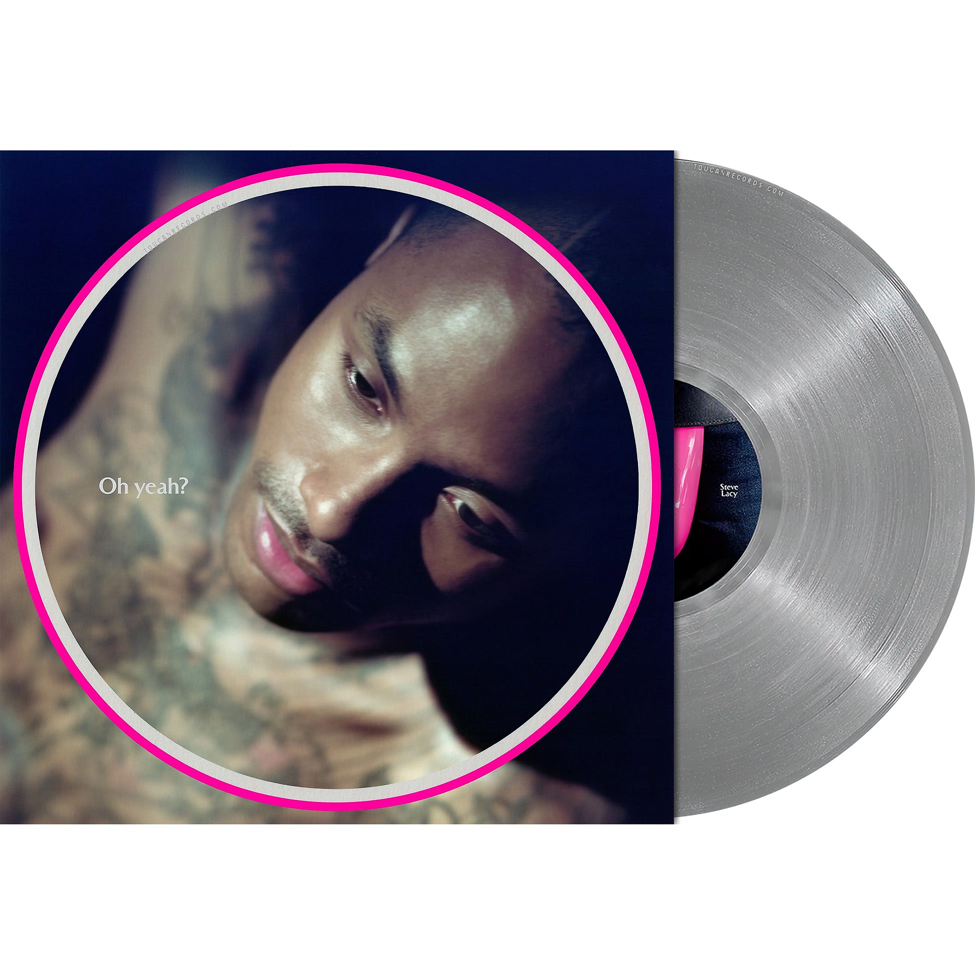 Steve Lacy Oh Yeah? packshot of the limited edition opaque gray vinyl LP with printed disc sleeve and poster