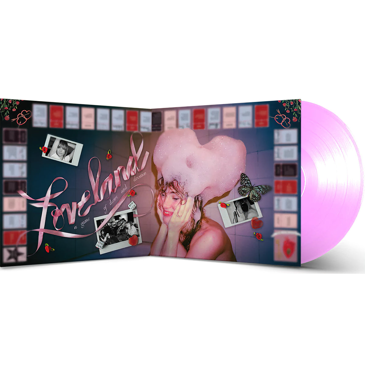Loveland vinyl LP packshot available at ToucanRecords.com with indie exclusive pink pressing and an Autoraphed insert. The open gatefold reveals the board game with the words "Loveland, a game of desire and devotion.