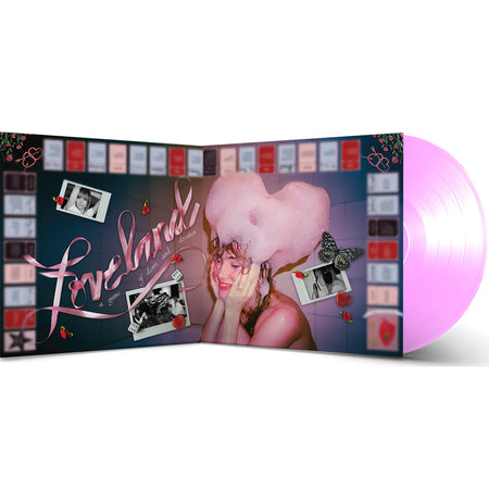 Loveland vinyl LP packshot available at ToucanRecords.com with indie exclusive pink pressing and an Autoraphed insert. The open gatefold reveals the board game with the words "Loveland, a game of desire and devotion.