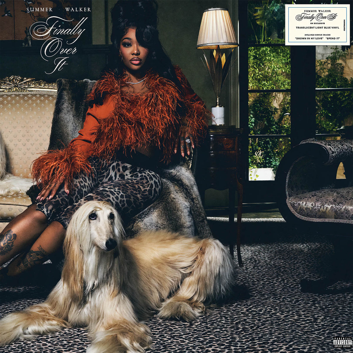 Summer Walker - Finally Over It album cover, 2LP light blue colored vinyl, 2025 R&B contemporary neo-soul album with Afghan Hound dog on the front