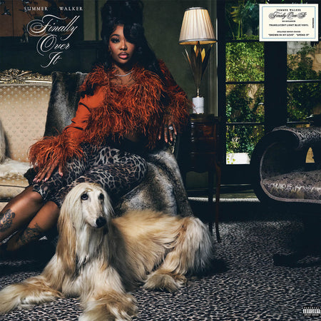 Summer Walker - Finally Over It album cover, 2LP light blue colored vinyl, 2025 R&B contemporary neo-soul album with Afghan Hound dog on the front