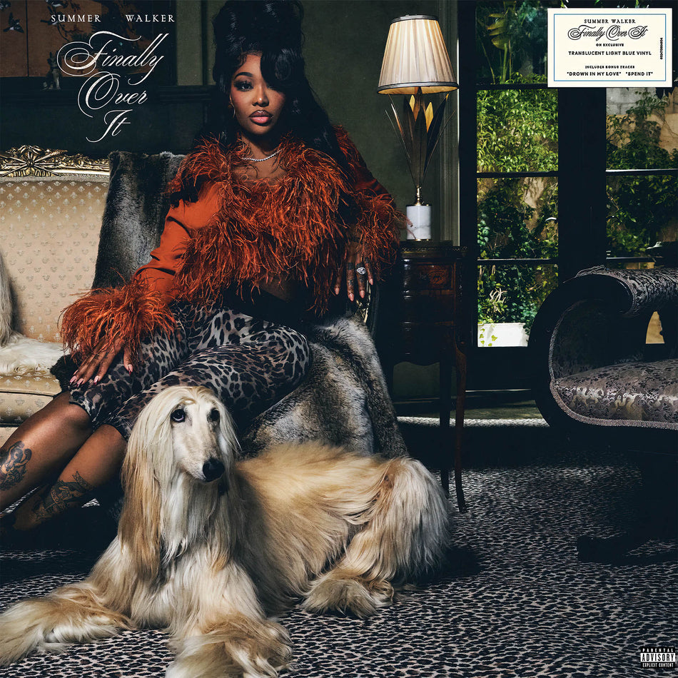 Summer Walker - Finally Over It album cover, 2LP light blue colored vinyl, 2025 R&B contemporary neo-soul album with Afghan Hound dog on the front