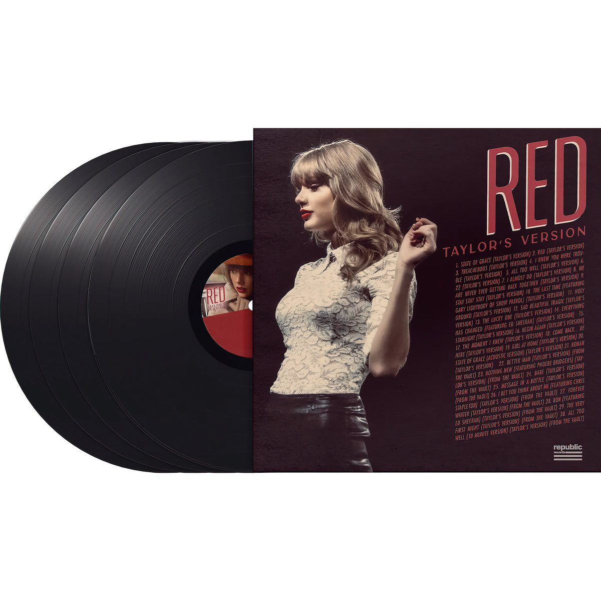 Taylor Swift, Red, Taylor's Version, 4 LP, 45 RPM, Black Vinyl, cover, album, vinyl, red taylor's version, back cover, packshot
