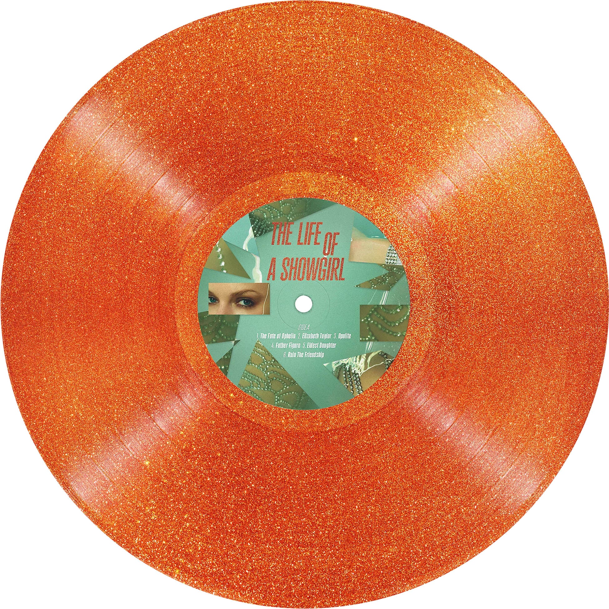 The Life of a Showgirl, a 2025 release from Taylor Swift. A photo showing Side A of the Portofin Orange Colored Vinyl with Gold Glitter.