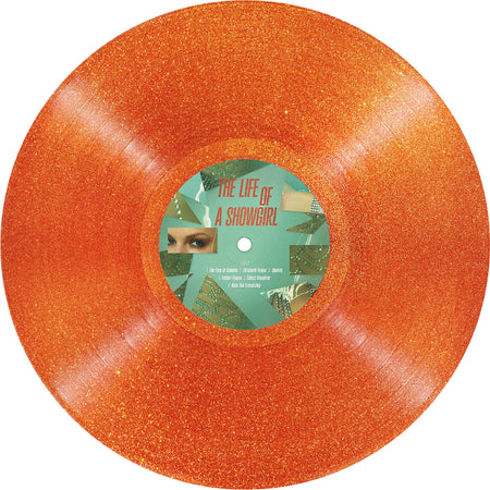 The Life of a Showgirl, a 2025 release from Taylor Swift. A photo showing Side A of the Portofin Orange Colored Vinyl with Gold Glitter.
