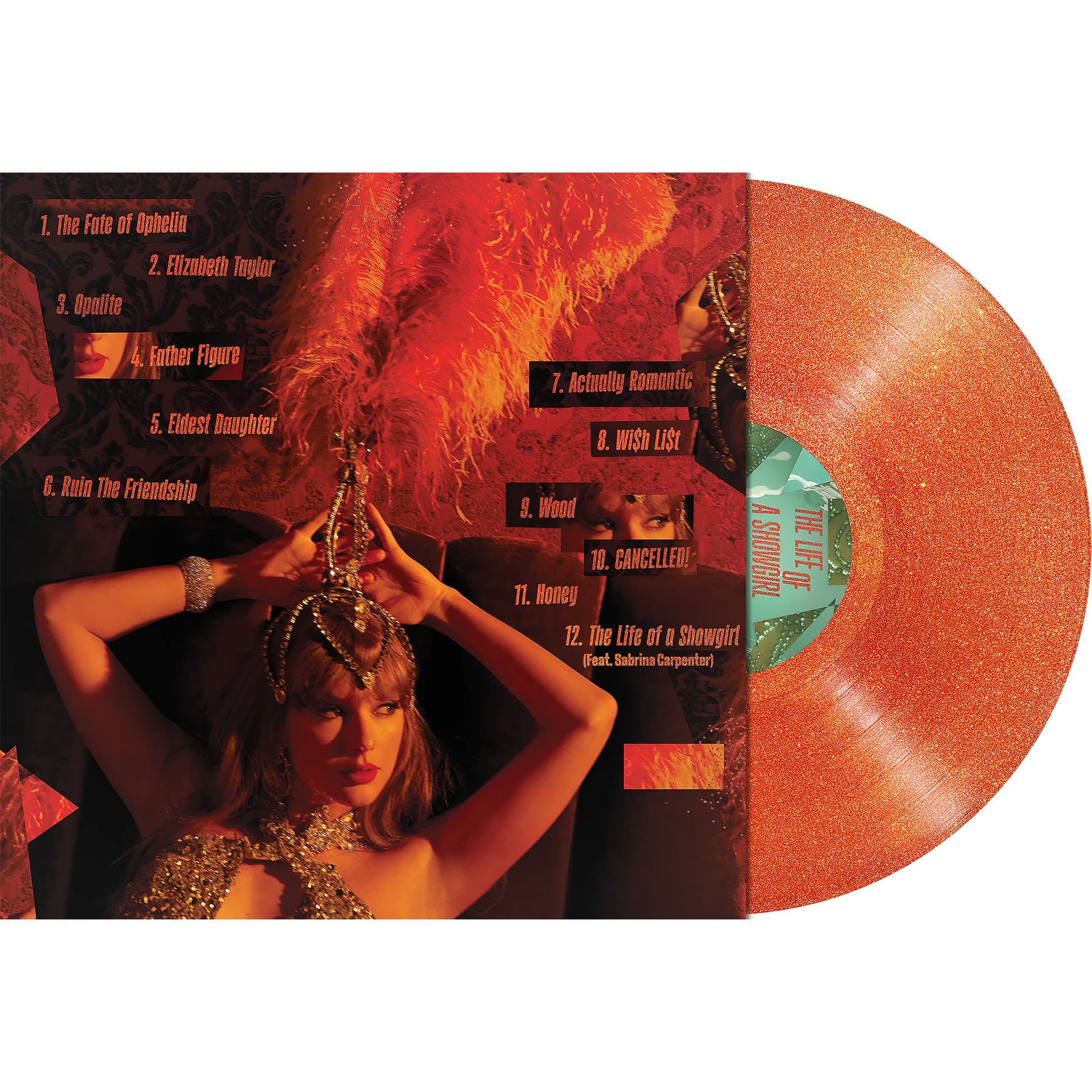 Taylor Swift - The Life Of A Showgirl vinyl packshot back cover, scented, pop singer-songwriter 2025 release on Portofino Orange colored vinyl with glitter