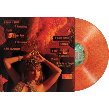 Taylor Swift - The Life Of A Showgirl vinyl packshot back cover, scented, pop singer-songwriter 2025 release on Portofino Orange colored vinyl with glitter