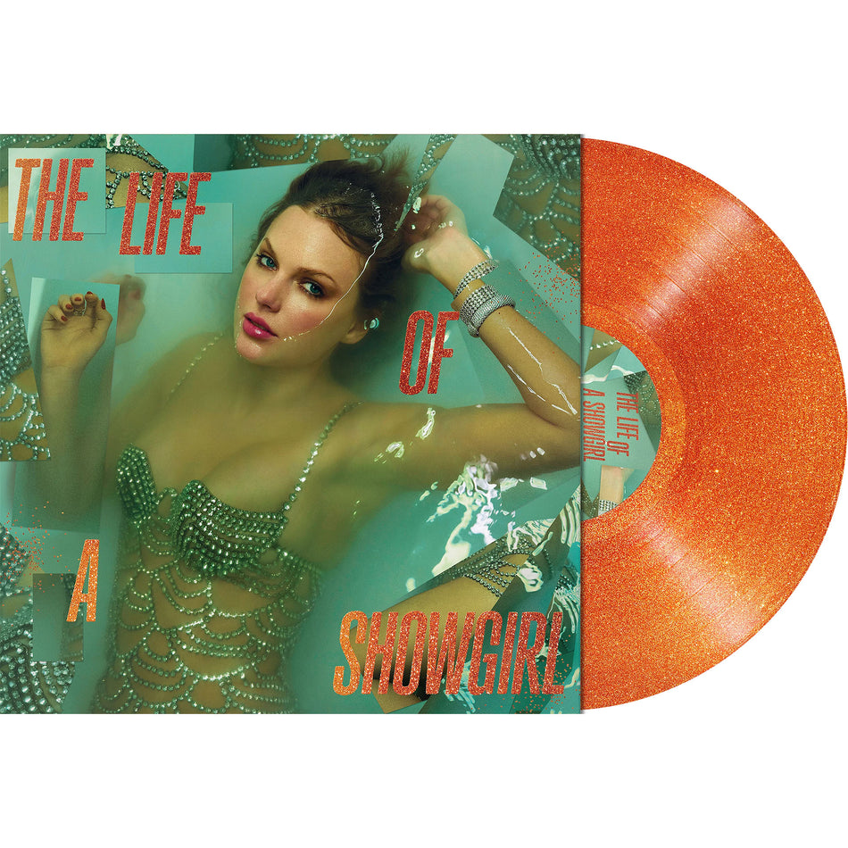 Taylor Swift - The Life Of A Showgirl packshot, orange colored vinyl with gold glitter