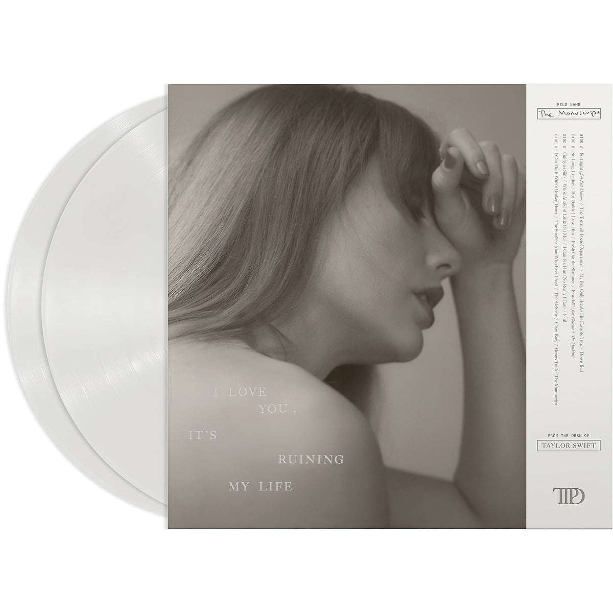 Taylor Swift - The Tortured Poets Department vinyl back cover packshot, 2024 indie pop album, ghosted white