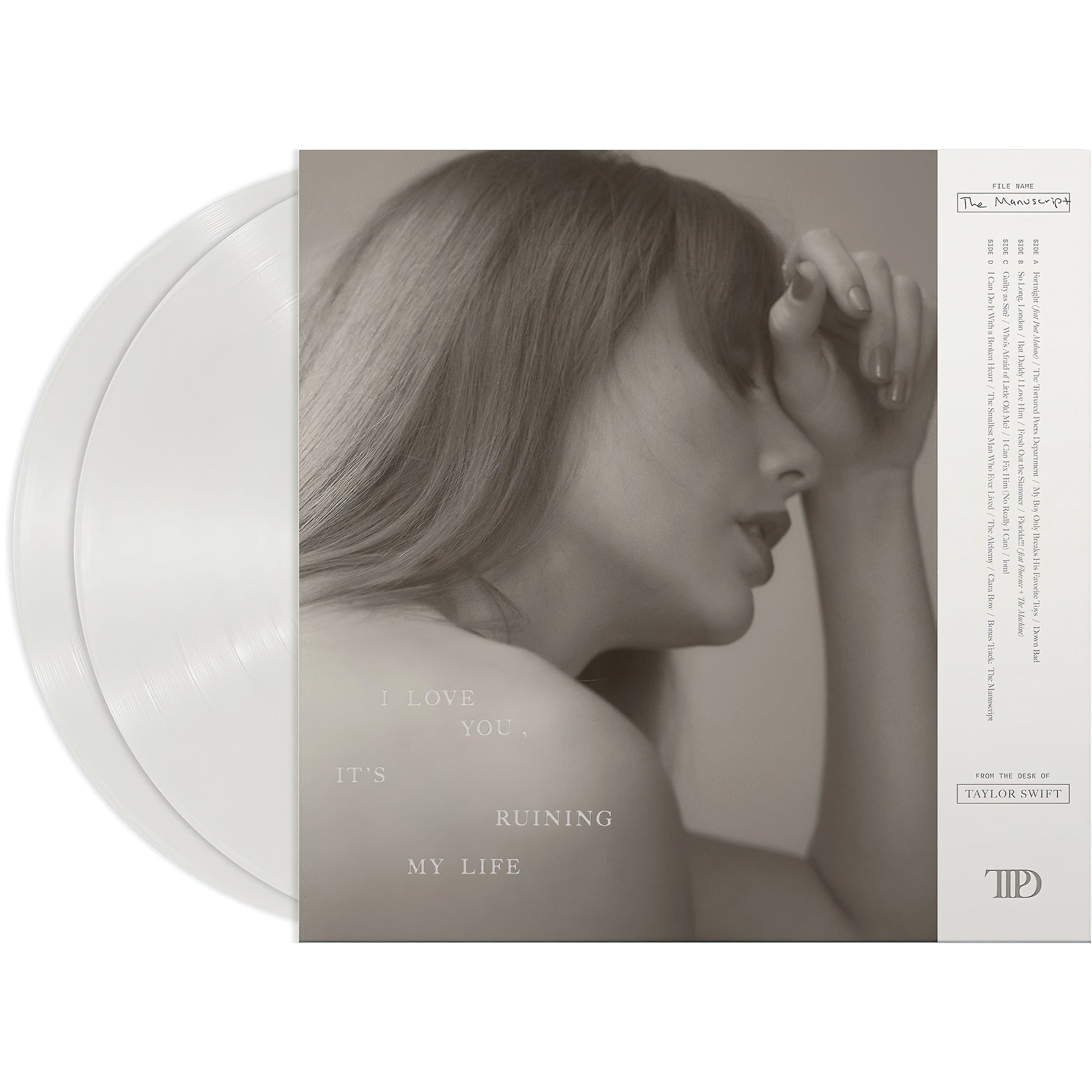 Taylor Swift - The Tortured Poets Department vinyl back cover packshot, 2024 indie pop album, ghosted white