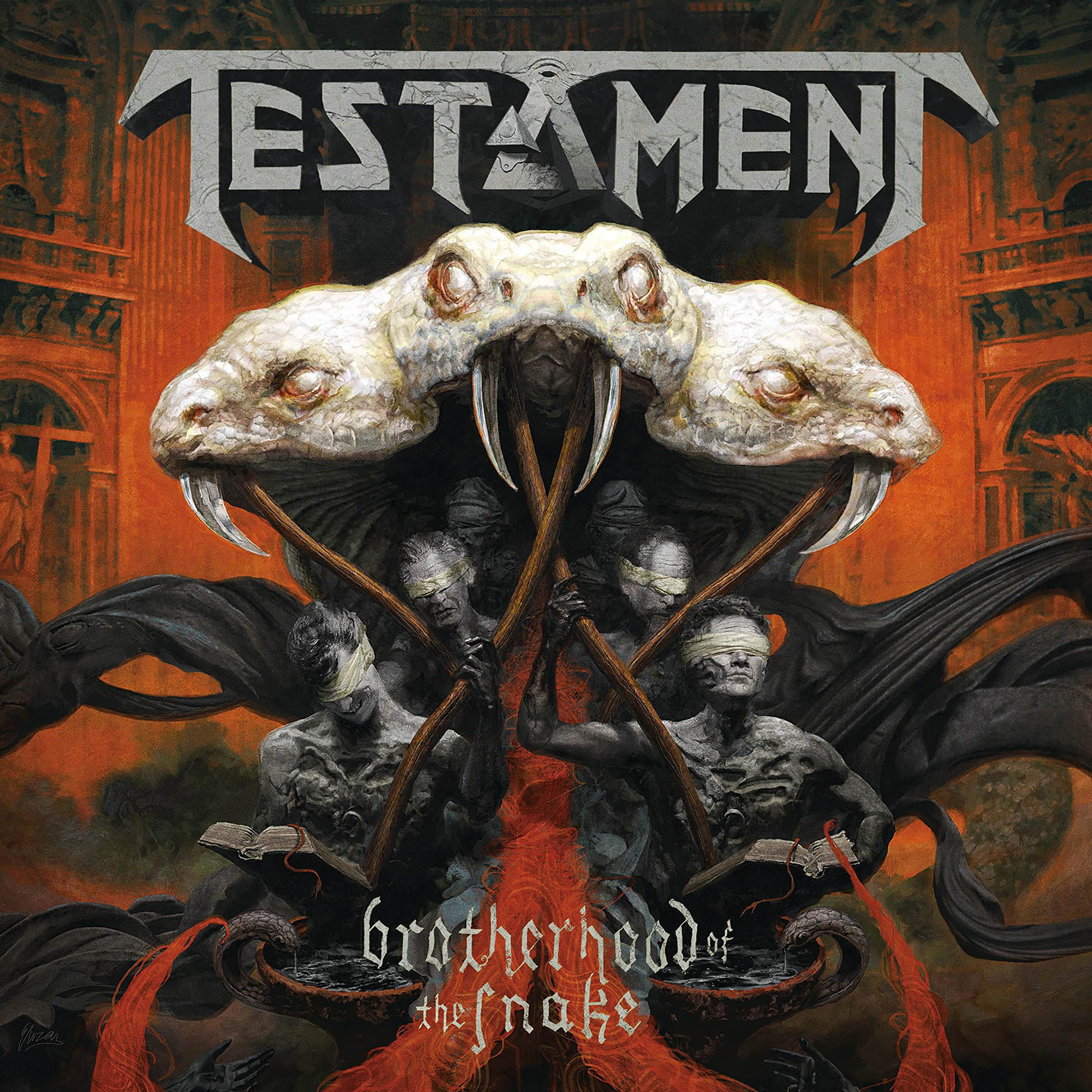 Testament Brotherhood of the Snake album cover showing deluxe gatefold artwork and colored vinyl details