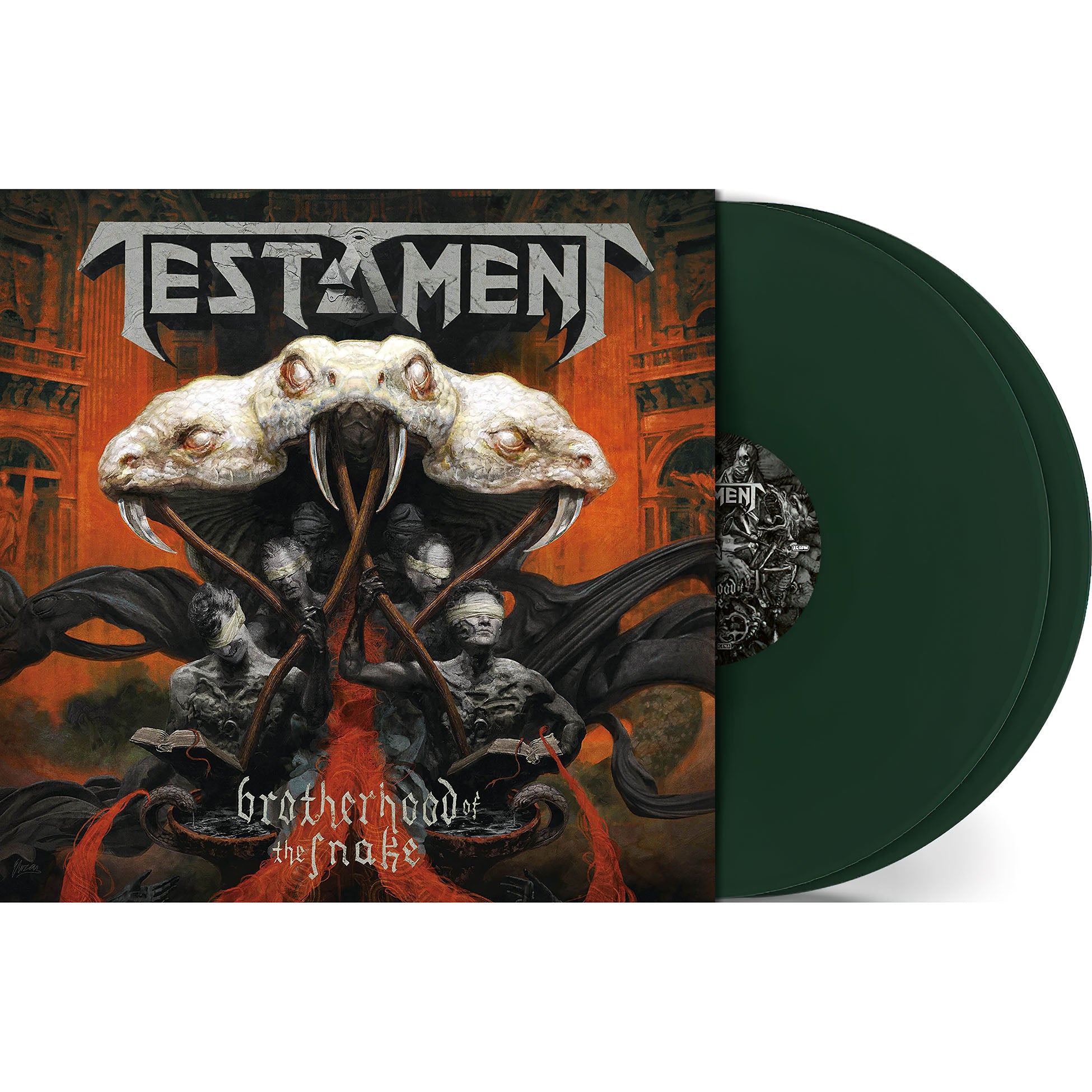 Brotherhood of the Snake by Testament packshot displaying double green vinyl LP and gatefold jacket