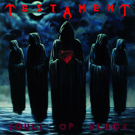 Testament Souls Of Black album cover available at ToucanRecords.com with hooded figures beneath a dark sky on the 1990 thrash metal classic
