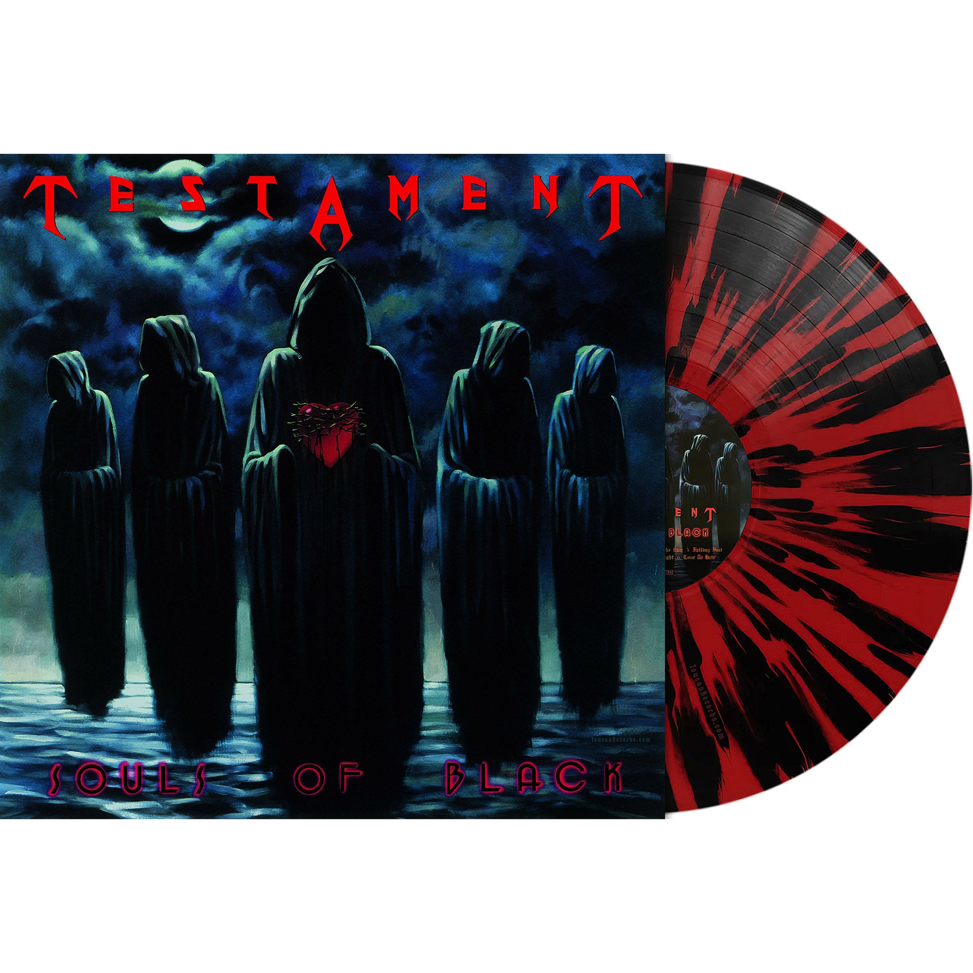Testament Souls Of Black red and black splatter vinyl LP packshot available at ToucanRecords.com 