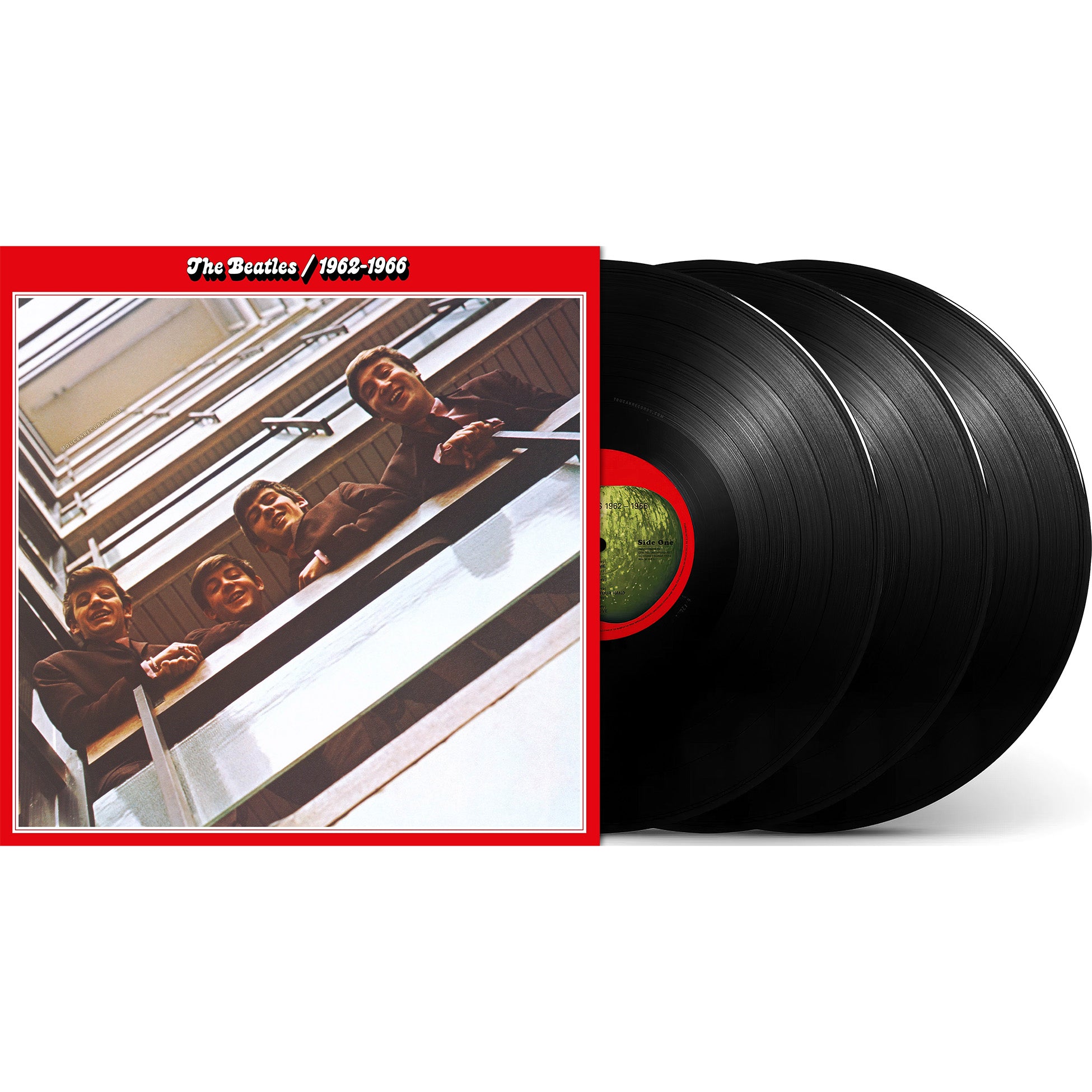 The Beatles 1962-1966 The Red Album packshot for the 3LP vinyl LP with gatefold jacket and sleeve note insert