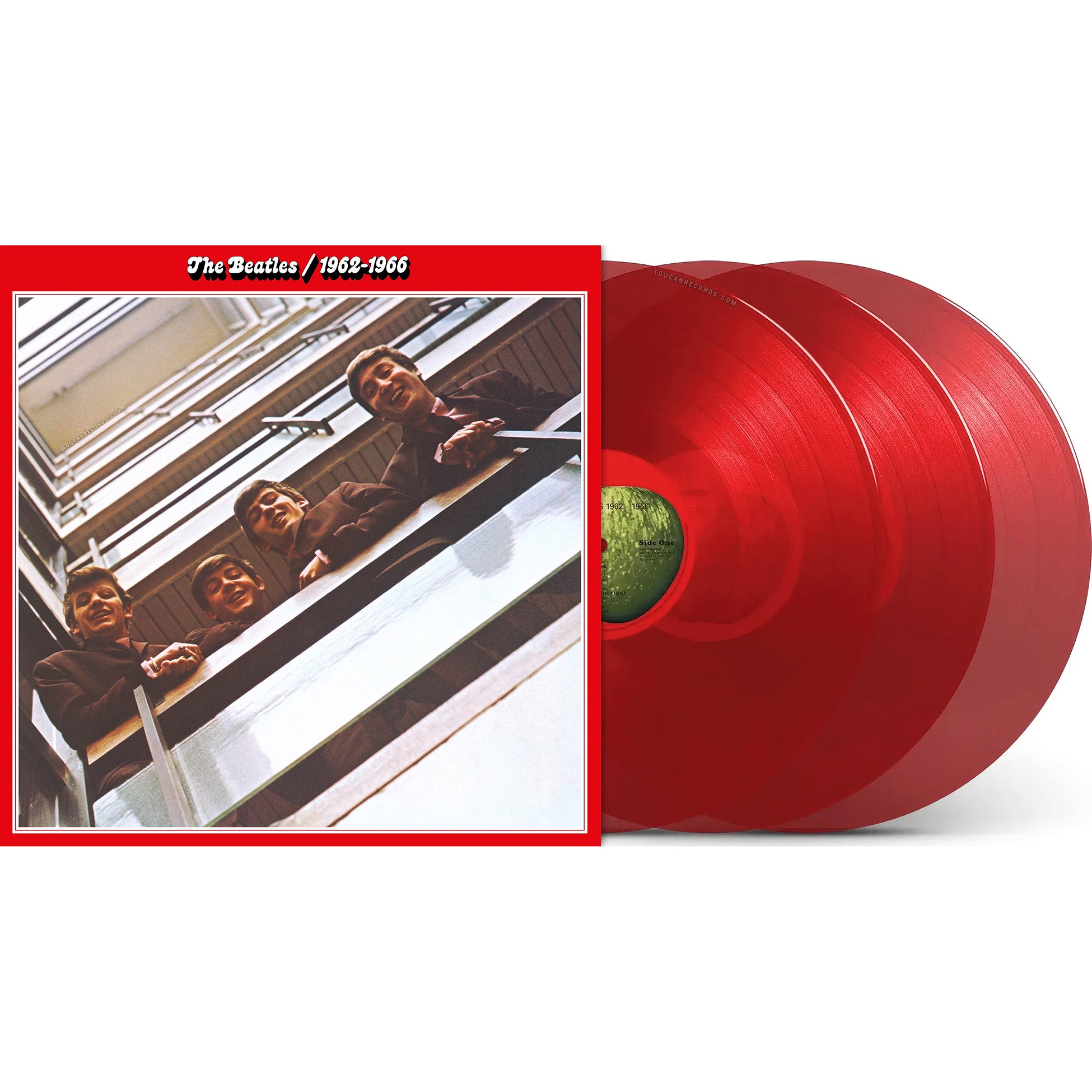 The Beatles 1962-1966 packshot for the expanded red vinyl 3LP edition, available at ToucanRecords.com with 38 tracks. Also known as The Red Album!