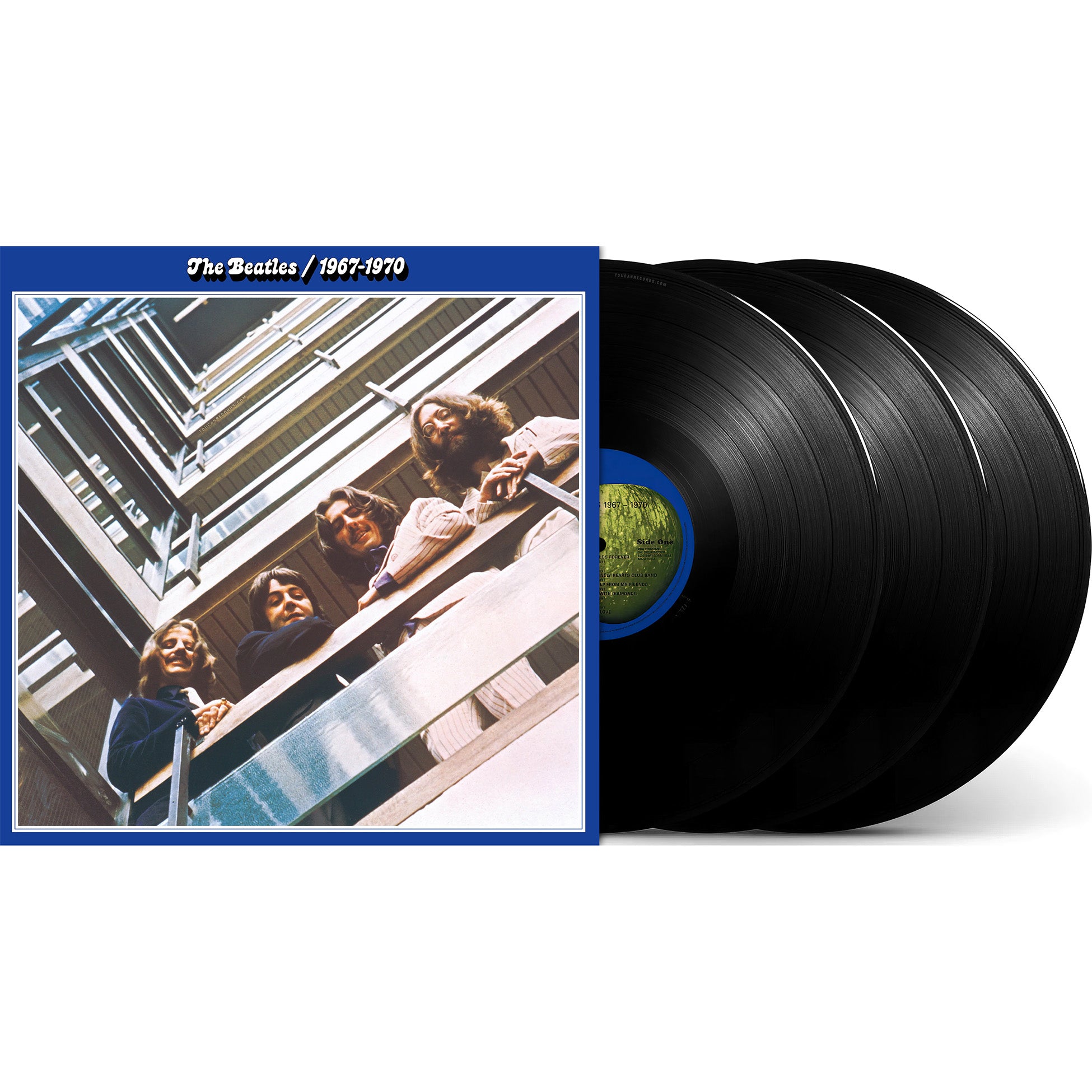 The Beatles 1967-1970 packshot for 3LP vinyl LP with gatefold jacket, booklet, and expanded 'Blue Album' track list