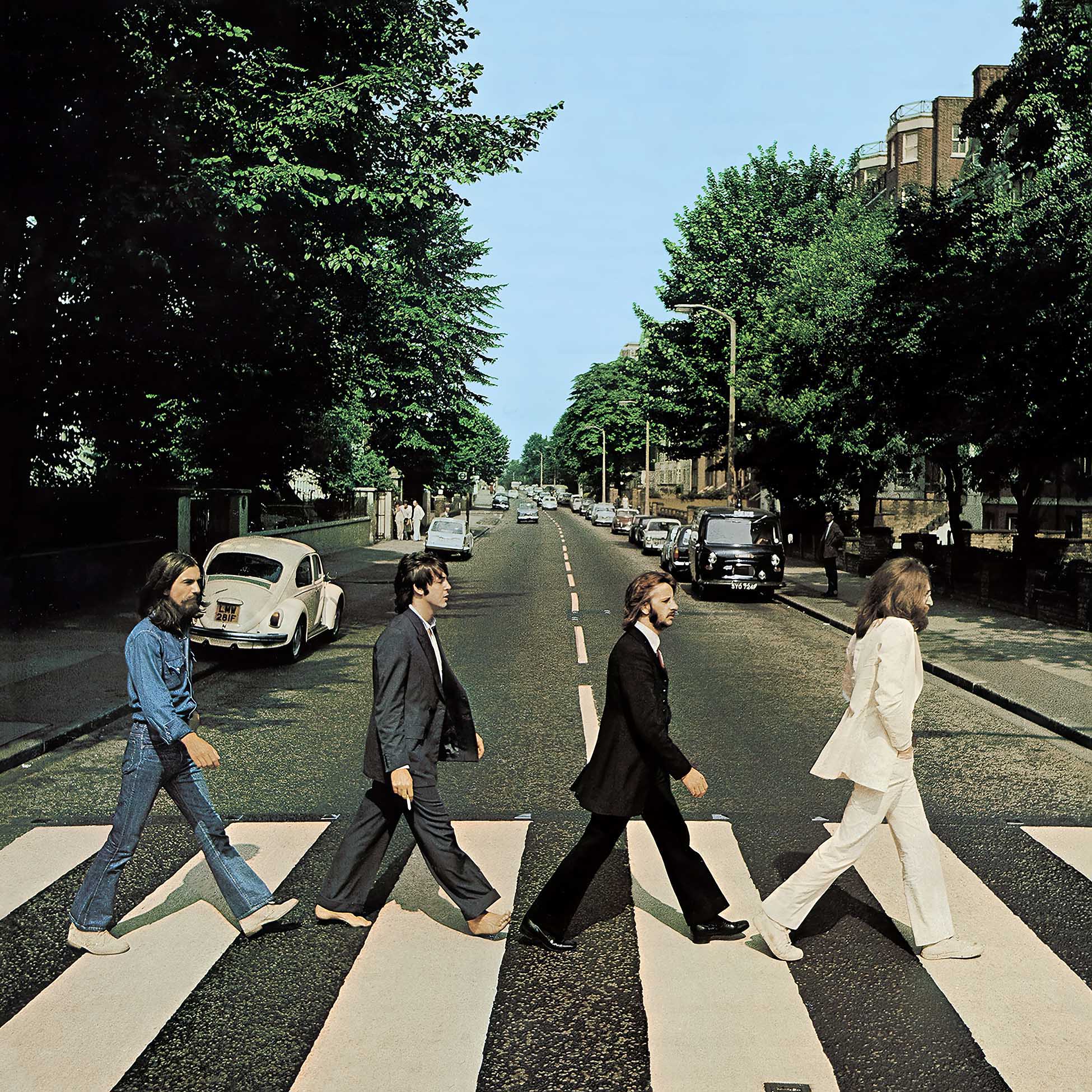 Beatles Abbey Road 50th Anniversary cover art, heavyweight vinyl remaster, crosswalk, walking across the street,