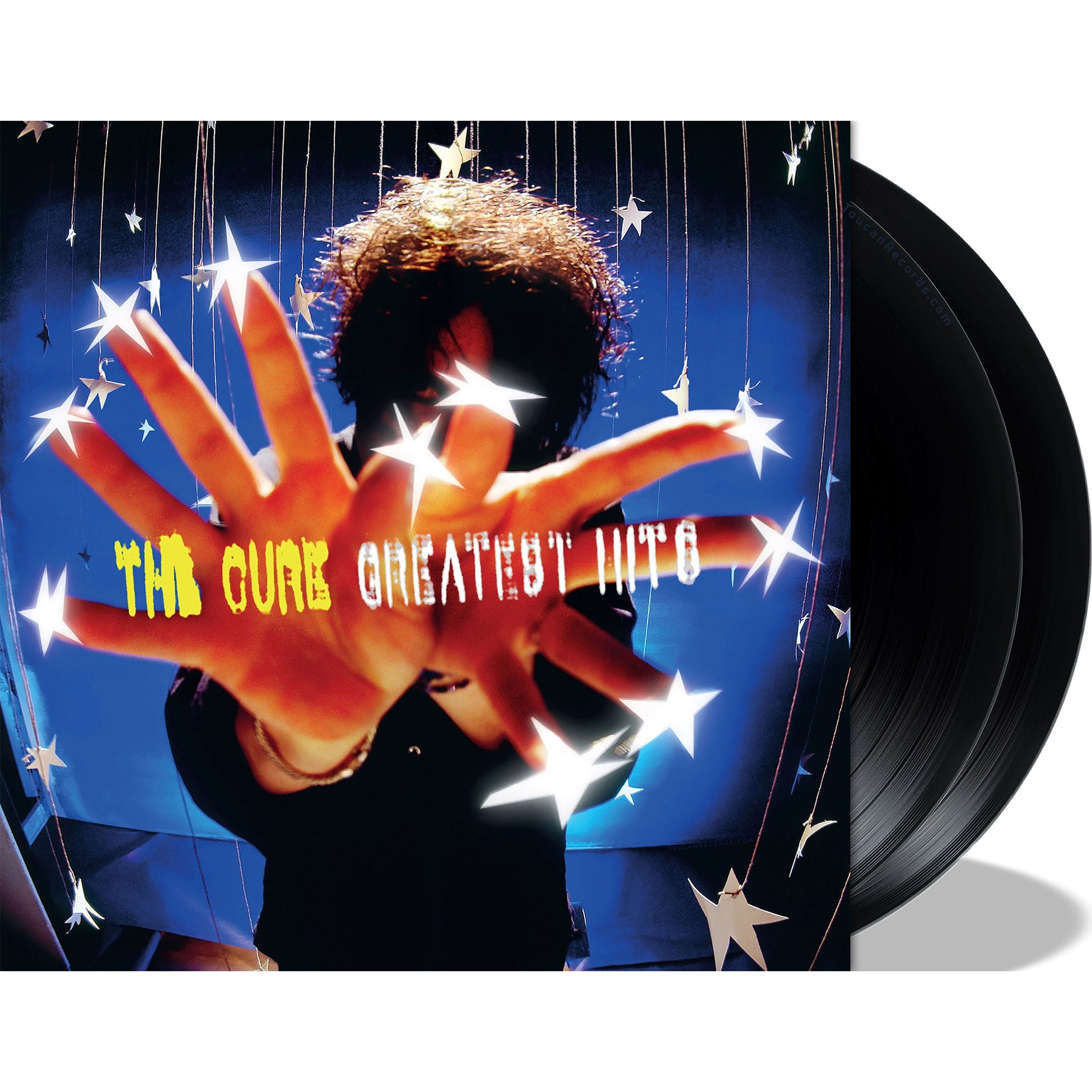 The Cure Greatest Hits packshot for remastered 2LP 180g black vinyl gatefold new wave and post-punk compilation curated by Robert Smith.