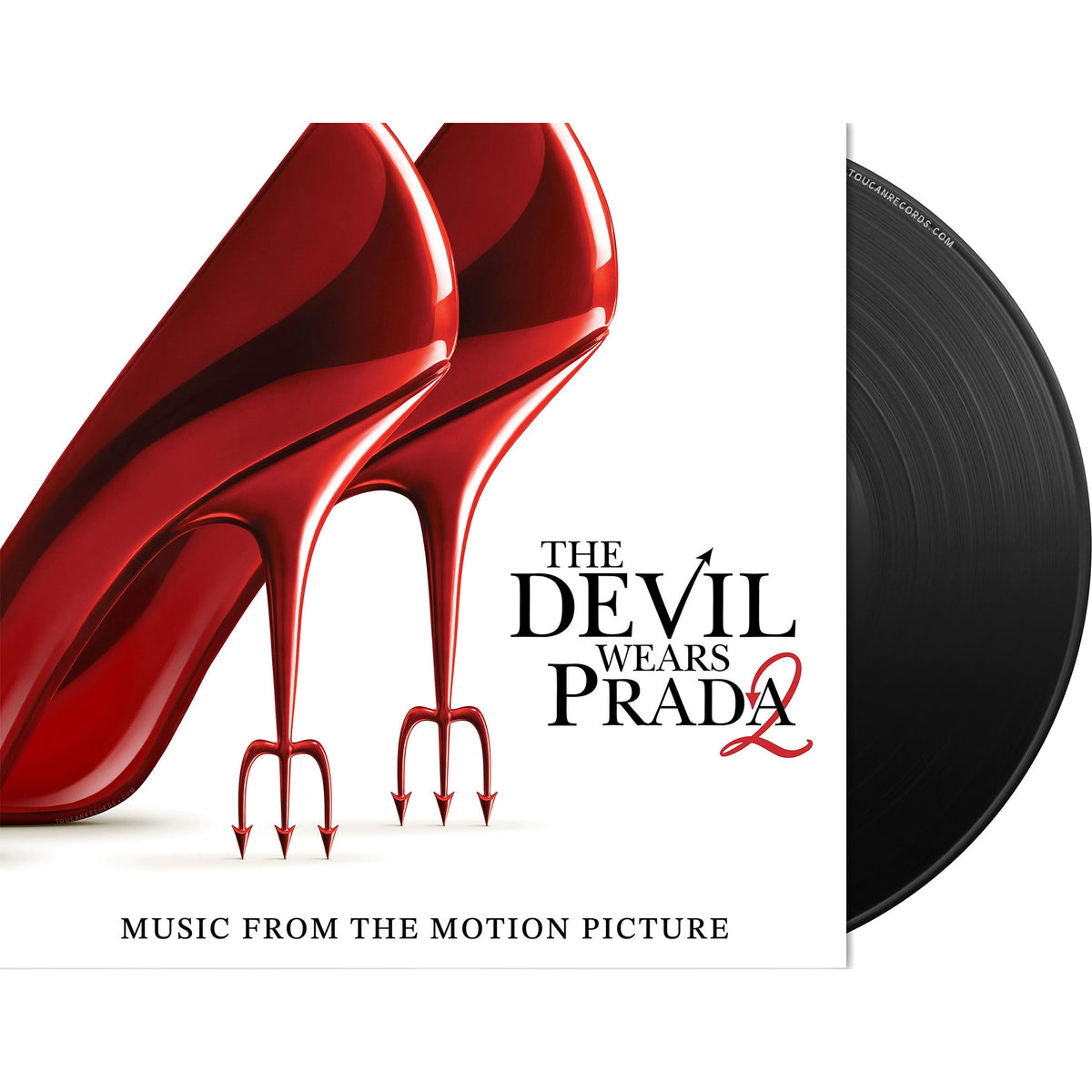 Vinyl record album cover packshot for 'The Devil Wears Prada 2: Music from the Motion Picture' featuring a glossy red high-heeled shoe with a trident heel on a white background, with a black LP partially visible on the right.