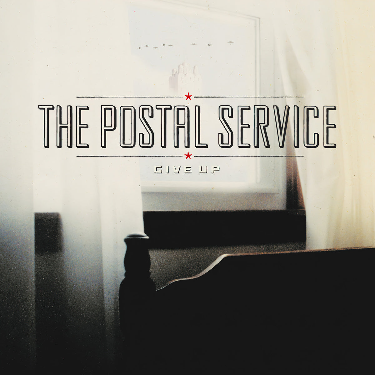 The Postal Service - Give Up album cover, black vinyl LP reissue, remastered, 2003 indie pop, electronic, indietronica classic
