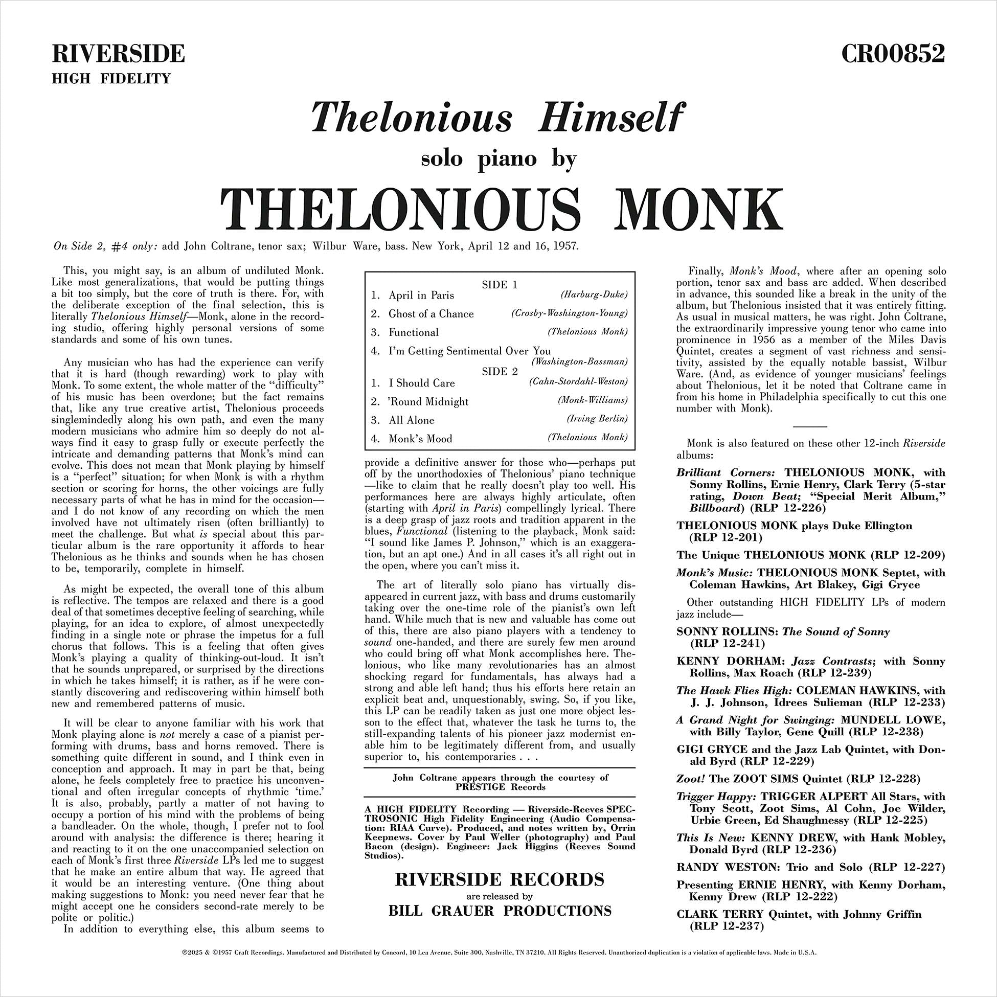 Thelonious Monk - Thelonious Himself back album cover, 180g pressing, bebop piano essential, Coltrane added on 'Monk's Mood'