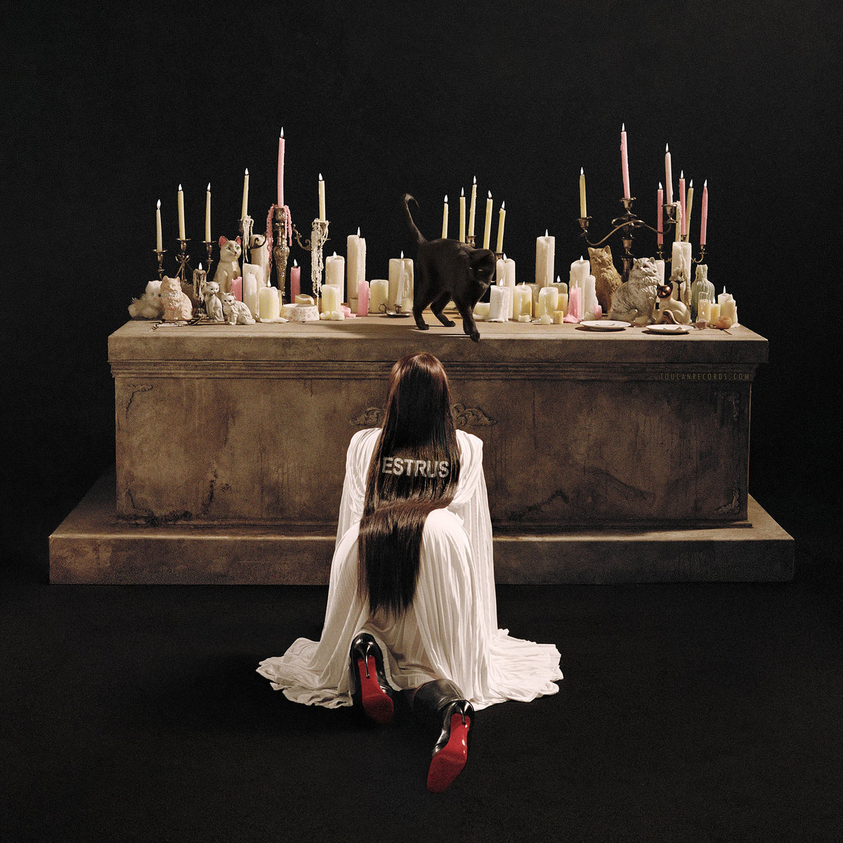 Tove Lo Estrus album cover for Ruby Red vinyl LP with gatefold jacket, printed inner sleeve, photo insert, and lyric insert. Cover features a black cat on an alter with cat figurines and lit candles. Tove Lo is in a crawling position while looking at the black cat.