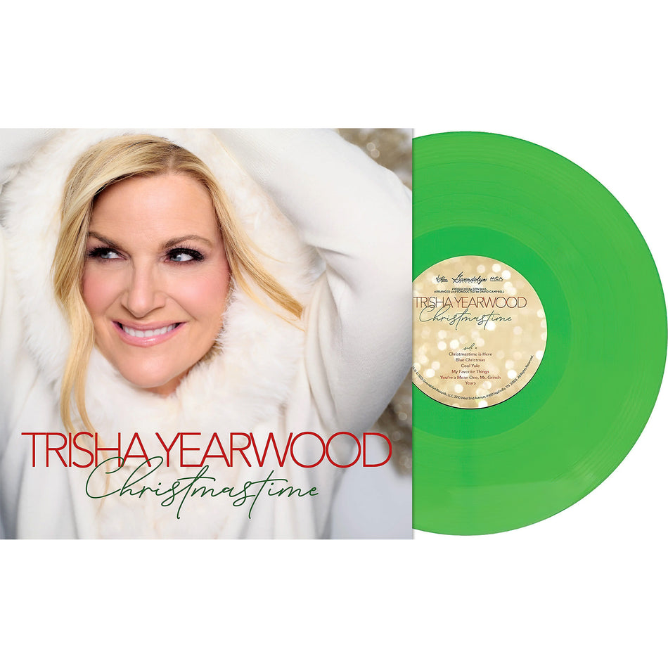 Trisha Yearwood - Christmastime green vinyl packshot, holiday LP with Blue Christmas and Garth Brooks duet