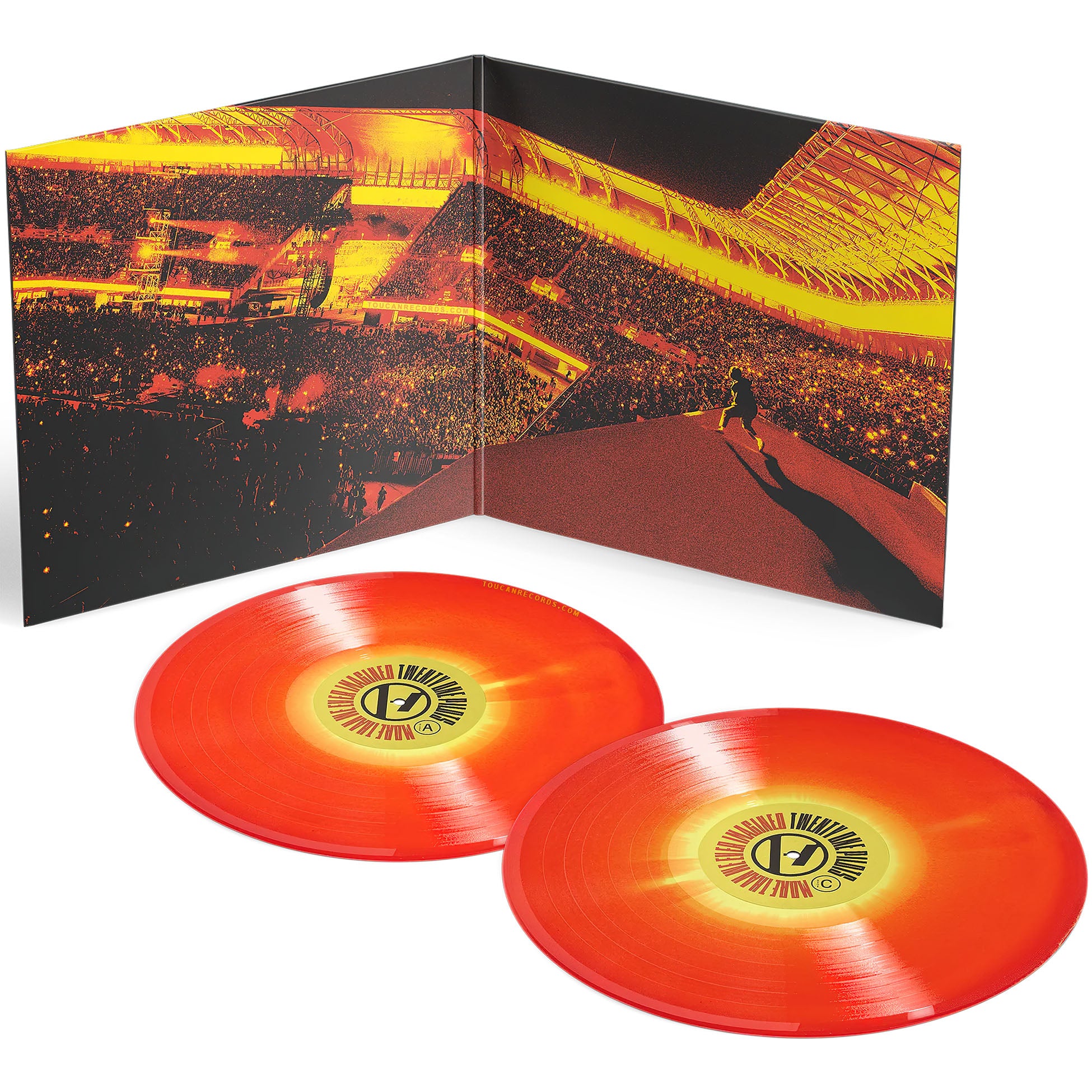 Twenty One Pilots More Than We Ever Imagined Live In Mexico City, exploding packshot showing the limited edition red vinyl 2LP and gatefold open