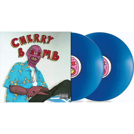 Tyler, The Creator Cherry Bomb packshot, blue vinyl records with mask cover, experimental hip-hop double LP