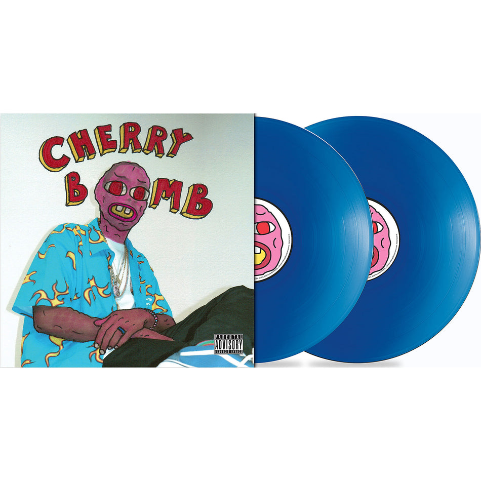 Tyler, The Creator Cherry Bomb packshot, blue vinyl records with mask cover, experimental hip-hop double LP