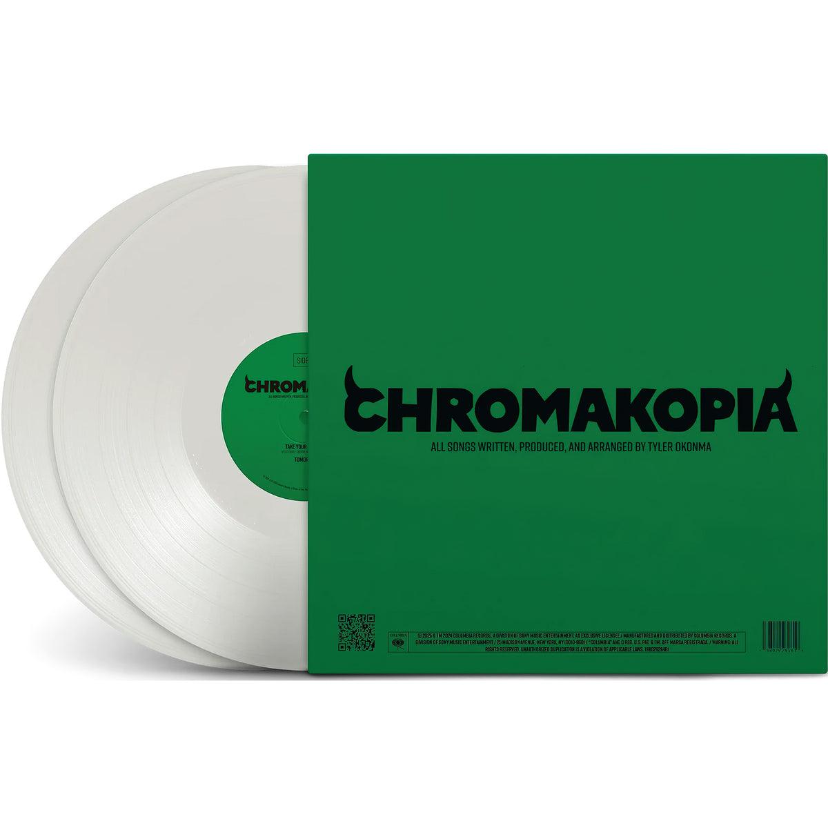 Tyler, The Creator - Chromakopia packshot showing the back view, opaque white vinyl pressing with embossed cover, alternative hip-hop at ToucanRecords.com