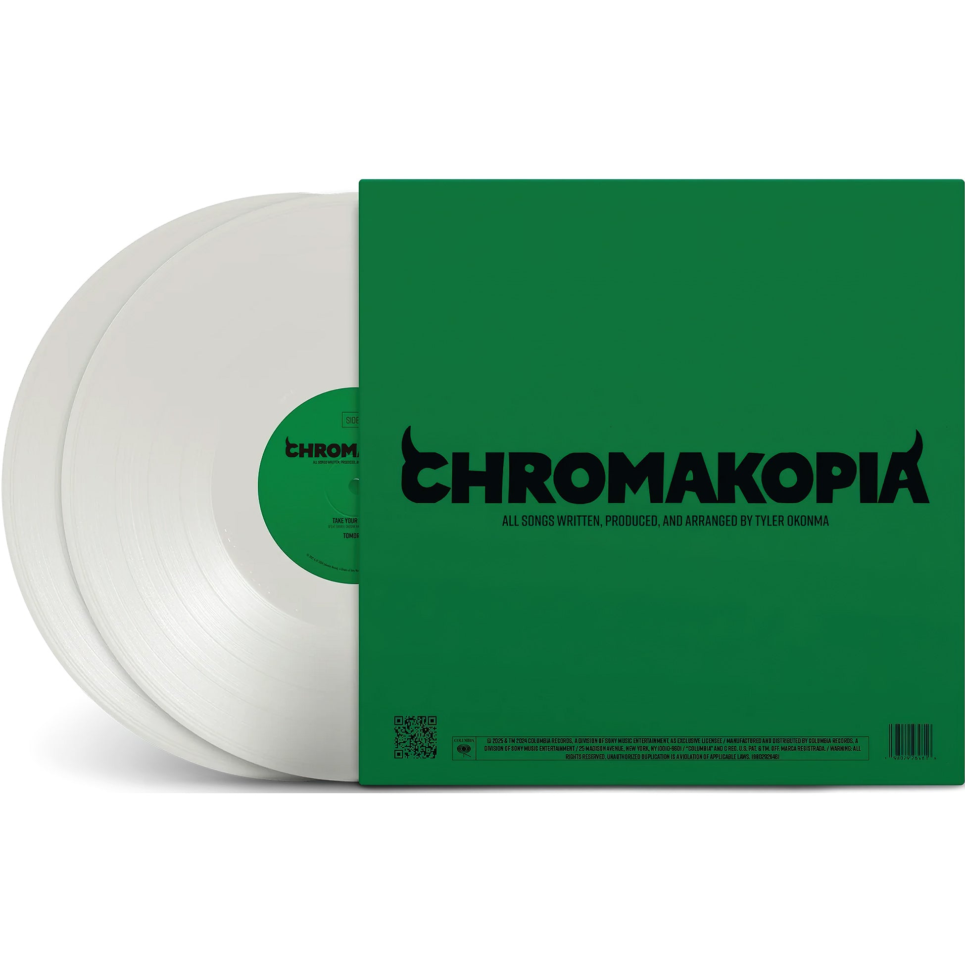 Tyler, The Creator - Chromakopia packshot showing the back view, opaque white vinyl pressing with embossed cover, alternative hip-hop at ToucanRecords.com