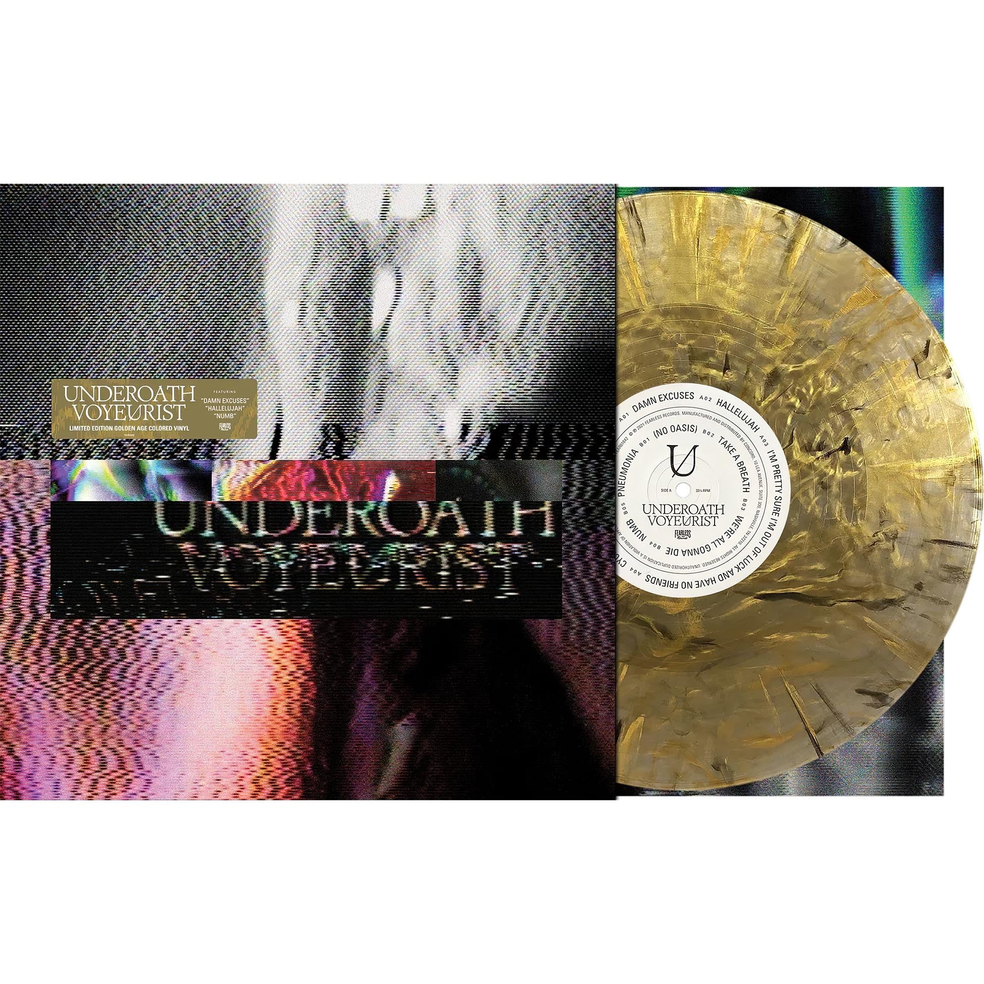 underoath, voyeurist, golden age, colored vinyl, metallic gold, packshot, black smoke, limited edition, indie exclusive, album cover, album art, cover, cover art, vinyl,
