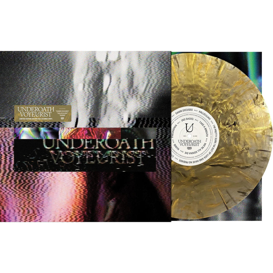 underoath, voyeurist, golden age, colored vinyl, metallic gold, packshot, black smoke, limited edition, indie exclusive, album cover, album art, cover, cover art, vinyl,