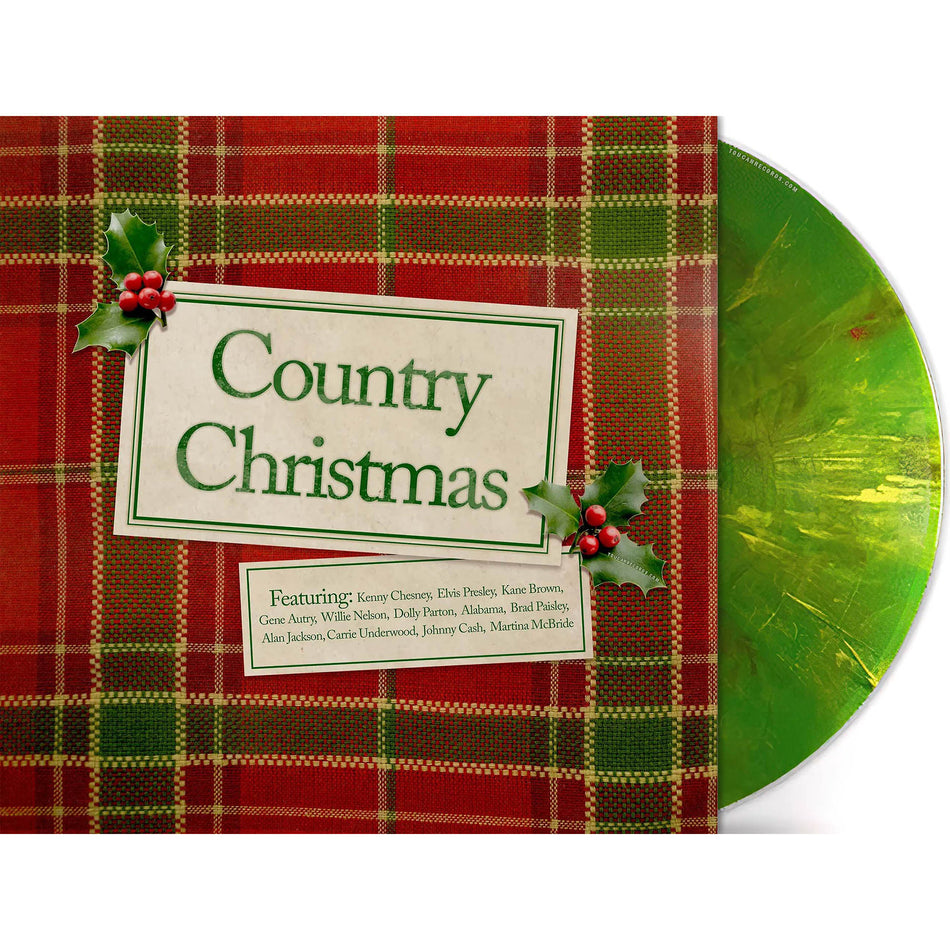 A Country Christmas vinyl record album packshot with a red and green plaid pattern, a cream title label reading 'Country Christmas,' holly graphics, and a translucent green record partially visible behind the cover. 