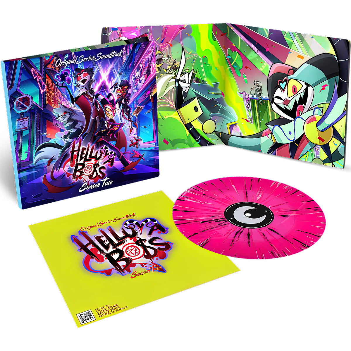 Helluva Boss Season 2 Original Soundtrack packshot showing the limited edition pink splatter vinyl LP with gatefold jacket and printed inner sleeve
