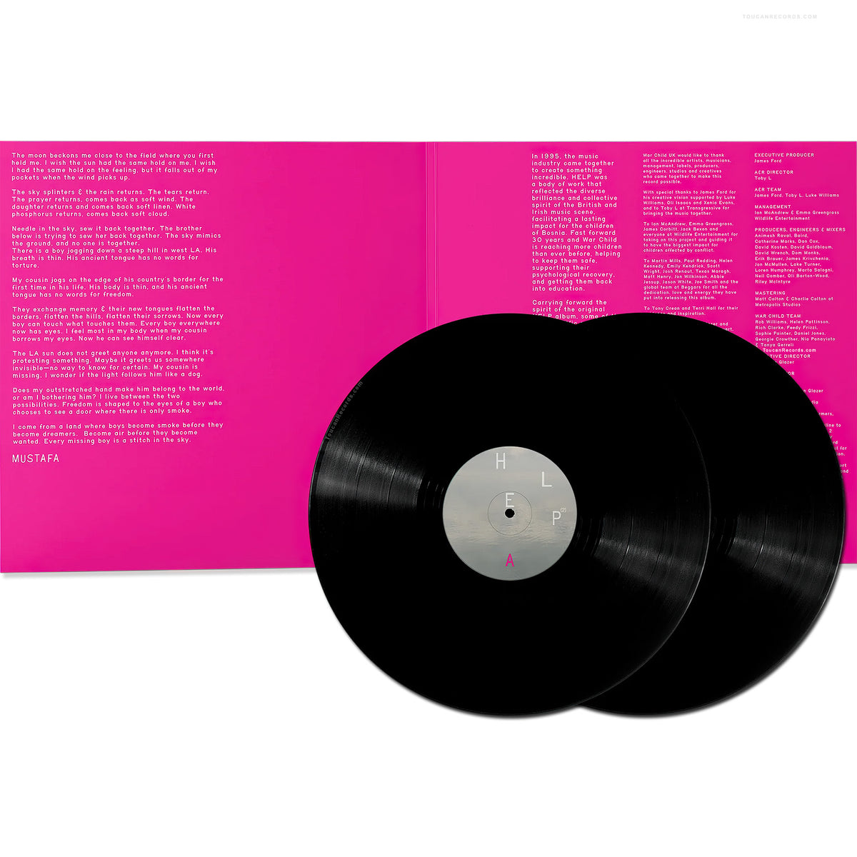 HELP(2) War Child 2LP packshot, gatefold jacket inside view, included bonus single-sided Oasis 7-inch, indie alternative rock compilation for the War Child charity