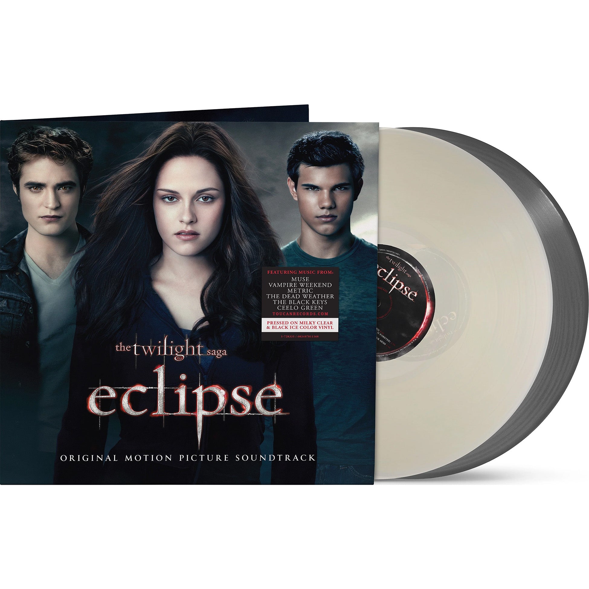 Various Artists - Eclipse soundtrack vinyl packshot, gatefold 2LP, alternative rock featuring Muse and Florence + the Machine. Milky Clear & Black Ice vinyl LPs