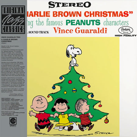 Vince Guaraldi's A Charlie Brown Christmas album cover artwork for the Original Jazz Classics 180g audiophile vinyl LP featuring the beloved 1965 Peanuts holiday jazz soundtrack.