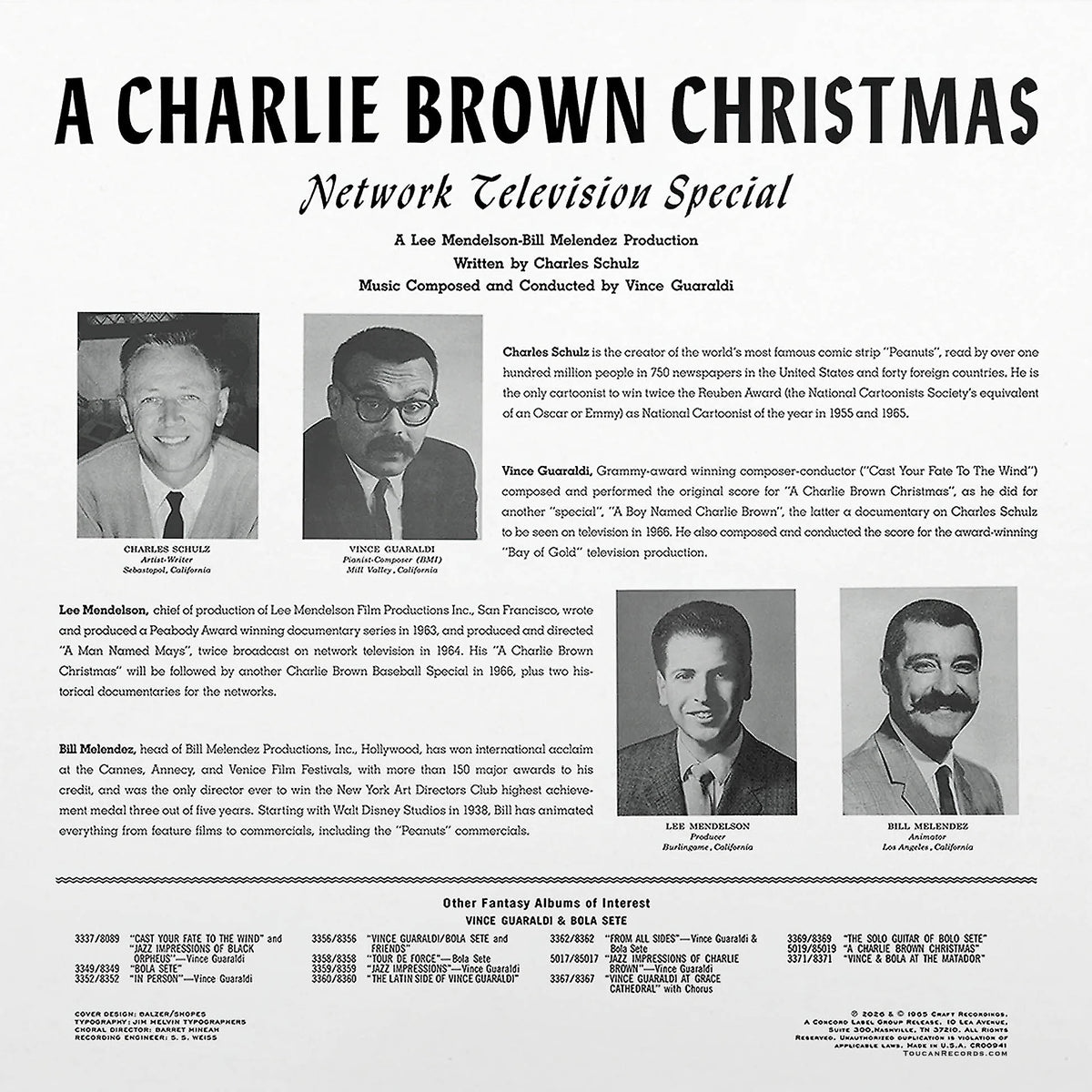 Vince Guaraldi's A Charlie Brown Christmas 180g audiophile vinyl LP back cover from the Original Jazz Classics series, featuring the classic Peanuts holiday jazz soundtrack at ToucanRecords.com.