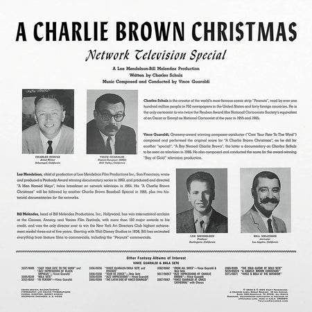 Vince Guaraldi's A Charlie Brown Christmas 180g audiophile vinyl LP back cover from the Original Jazz Classics series, featuring the classic Peanuts holiday jazz soundtrack at ToucanRecords.com.