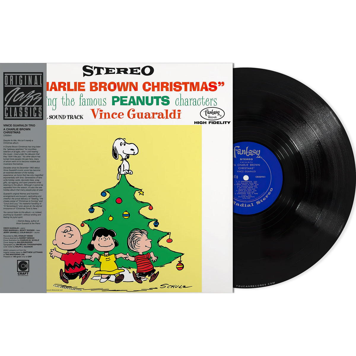 Vince Guaraldi's A Charlie Brown Christmas vinyl LP packshot featuring the Original Jazz Classics 180g audiophile pressing, AAA all-analog mastering, and premium Stoughton tip-on jacket.