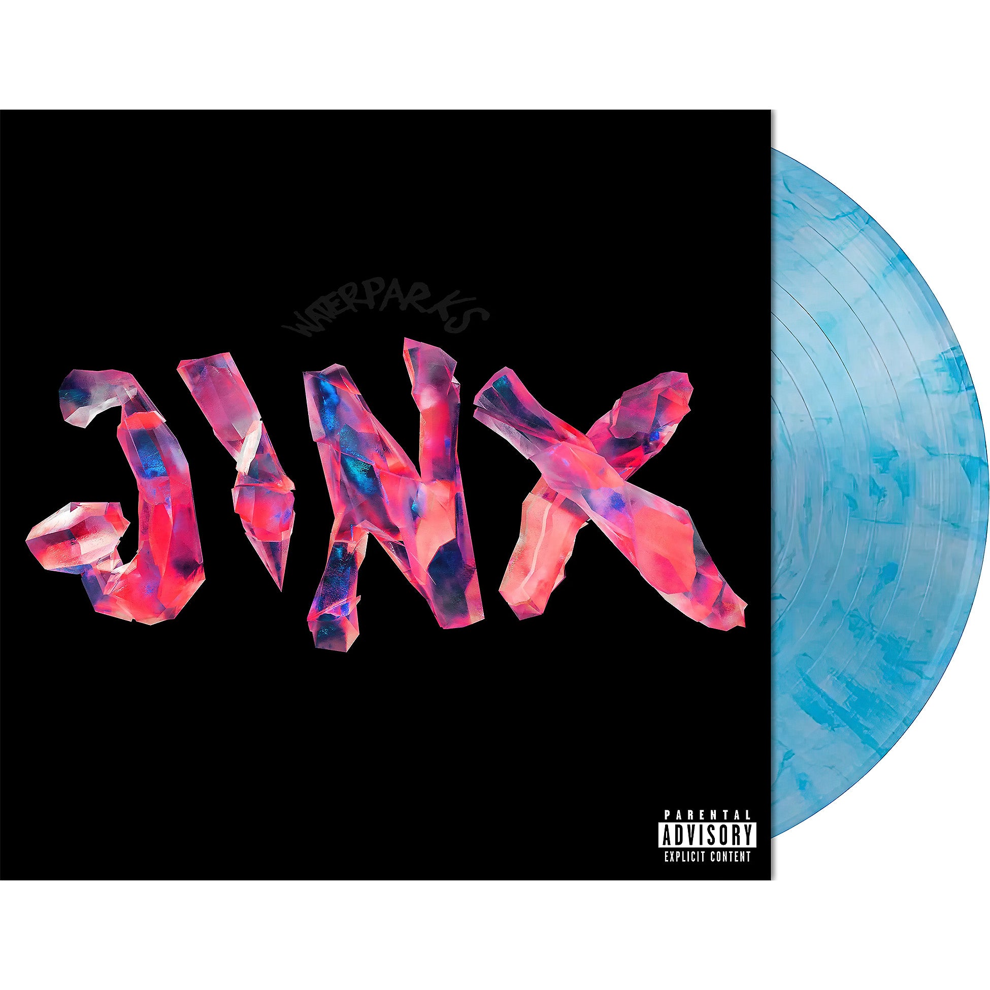 Waterparks JINX packshot for the indie exclusive limited edition sky blue aqua vinyl LP. Explicit