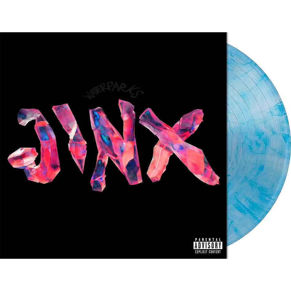 Waterparks JINX packshot for the indie exclusive limited edition sky blue aqua vinyl LP. Explicit