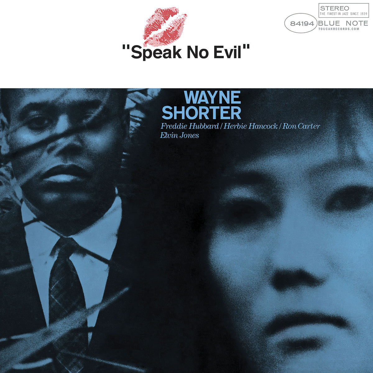 Wayne Shorter - Speak No Evil album cover for a 140g black vinyl in the Blue Note Essential Vinyl Series featuring Herbie Hancock on piano and Freddie Hubbard on trumpet.
