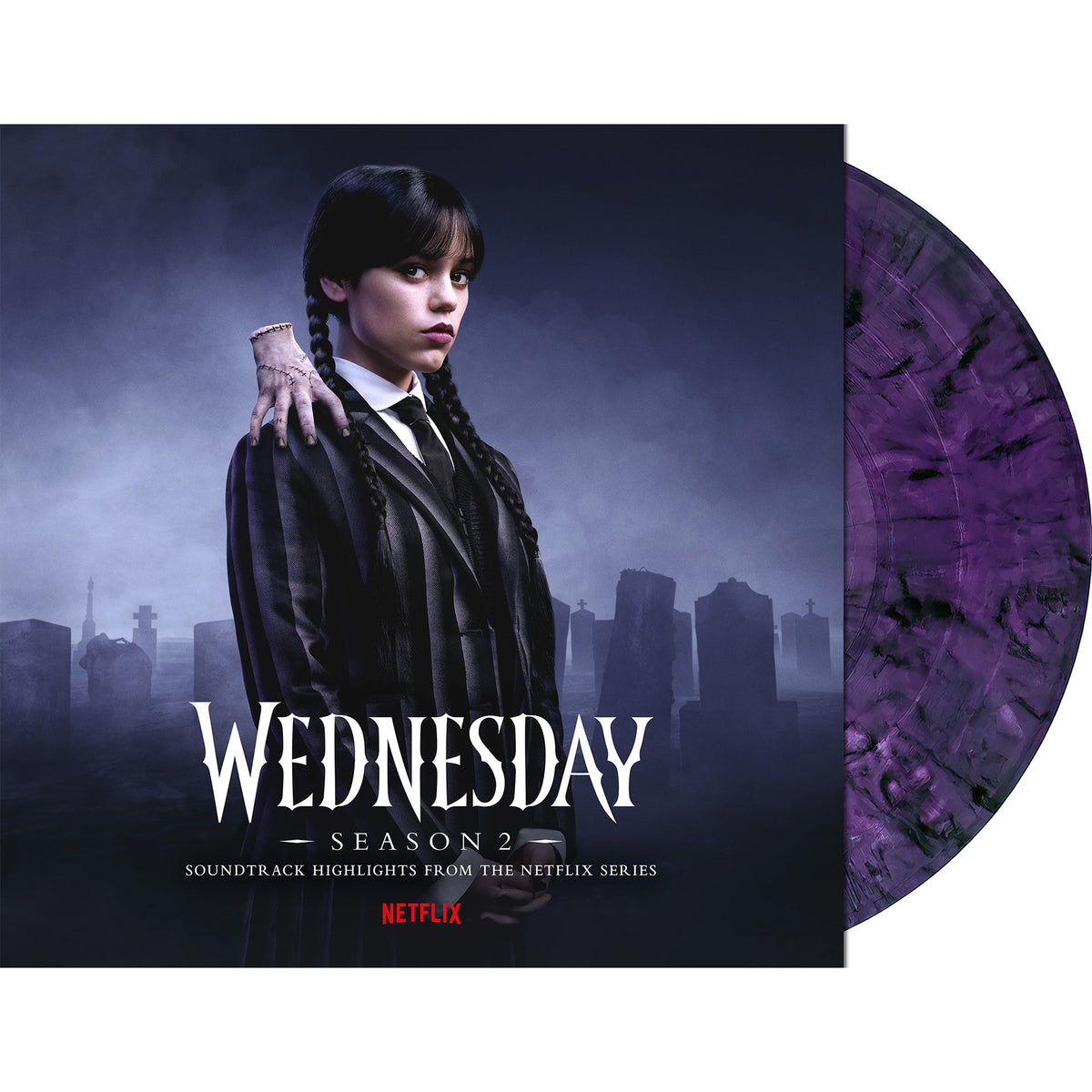 Wednesday: Season 2 deluxe edition purple and black marbled vinyl LP packshot available from ToucanRecords.com