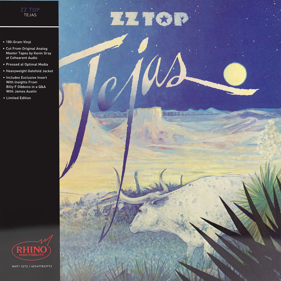 ZZ Top - Tejas album cover, Rhino High Fidelity 180g vinyl LP, classic blues rock reissue – available now at ToucanRecords.com