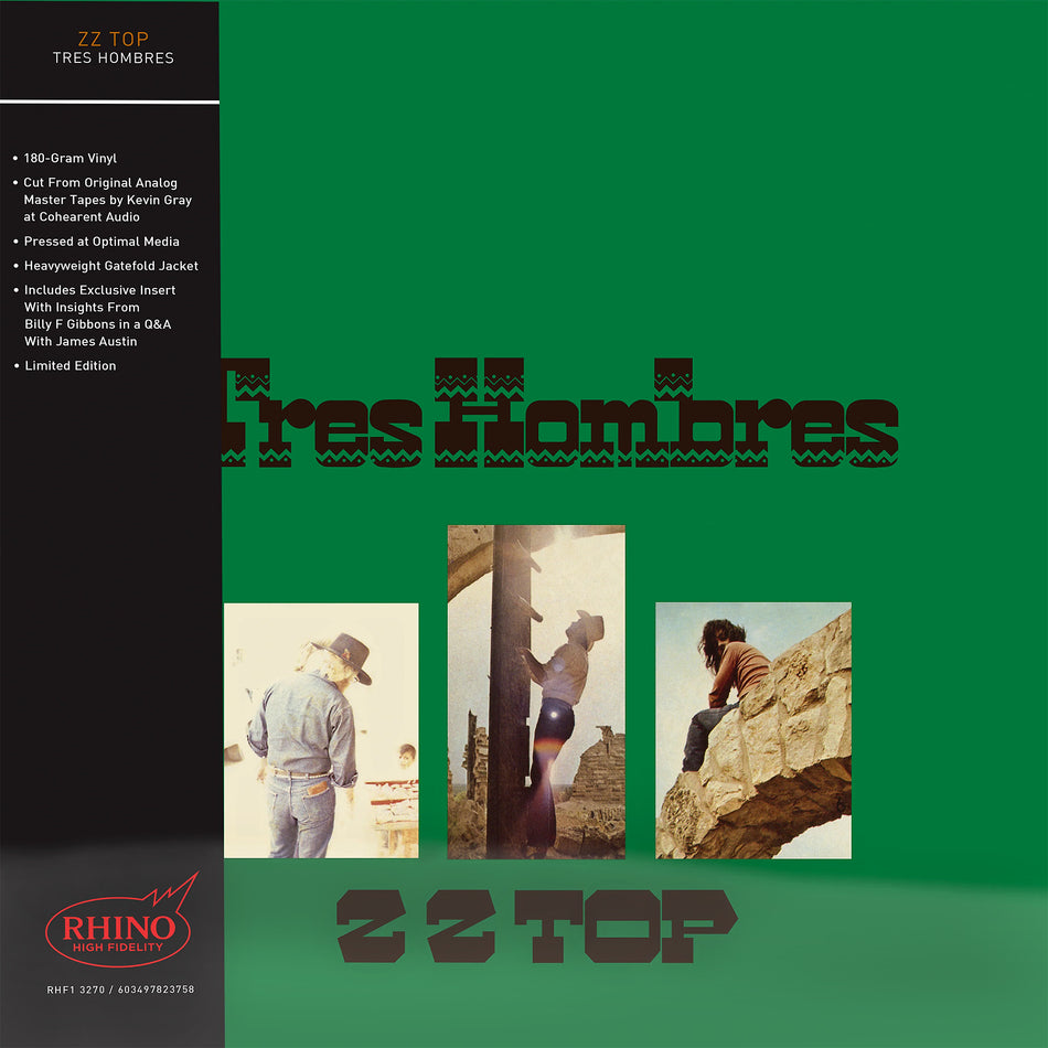 ZZ Top - Tres Hombres album cover, Rhino High Fidelity 180g vinyl LP, classic Texas blues rock – available now at ToucanRecords.com